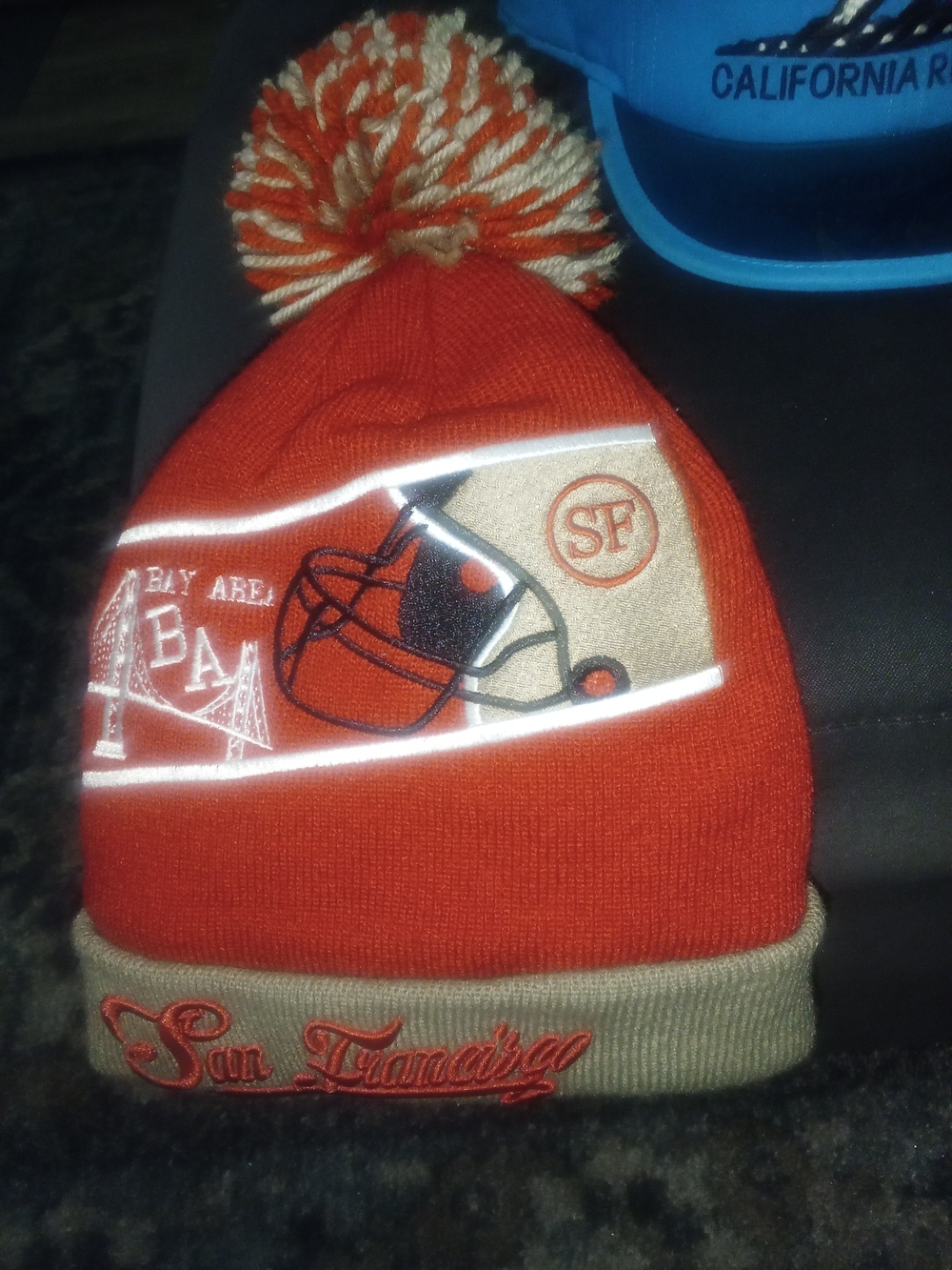 Orange and Tan Pom Beanie with San Francisco Embroidery